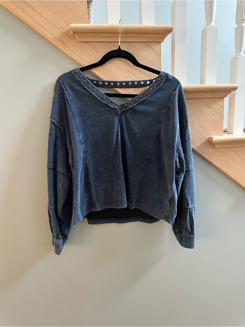 SHEIN Washed Navy Blue Studded V‑Neck Sweatshirt